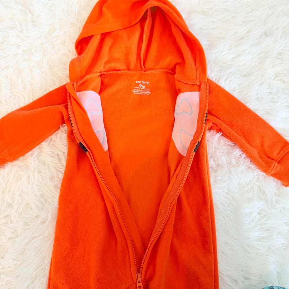 Carter's Baby 9M Pumpkin Fleece Jumpsuit Halloween Costume Orange Hooded Romper - Picture 5 of 8